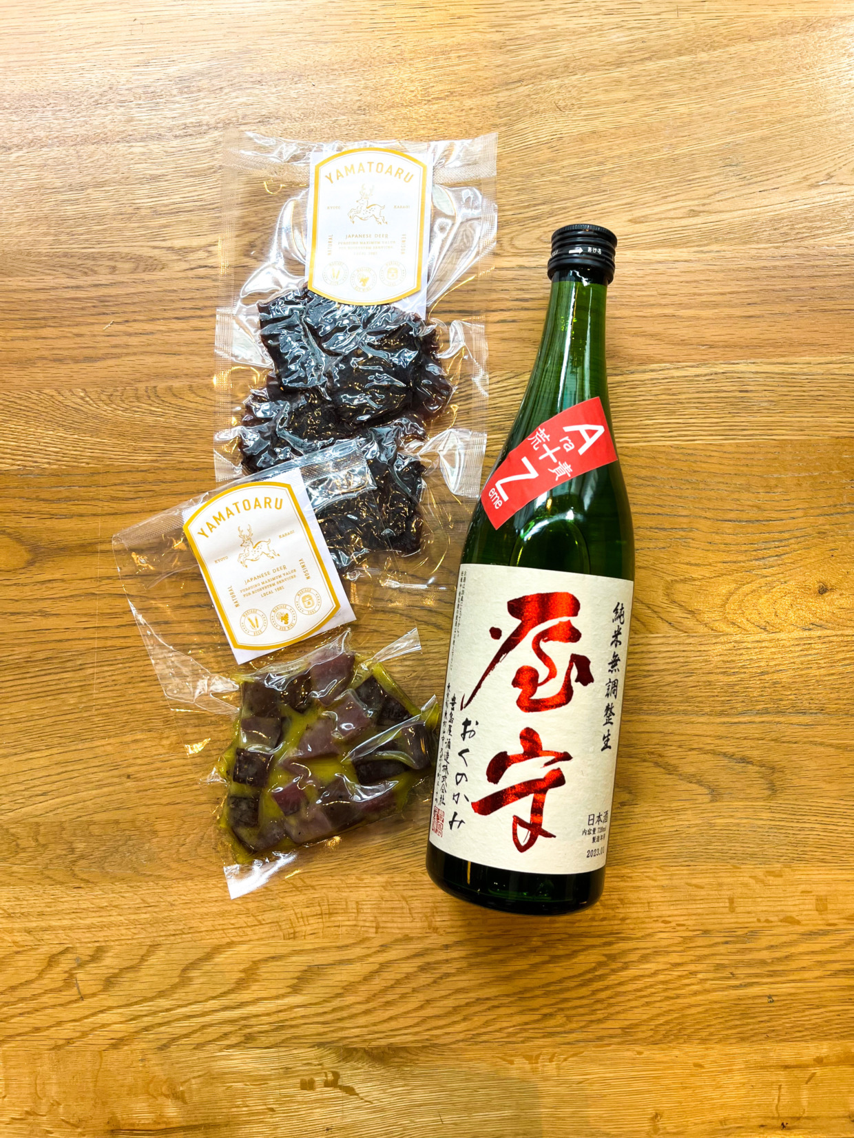 【おつまみセット】 屋守 純米無調整荒責め生＆鹿肉ジャーキー＆鹿肉ハム（箱付き）